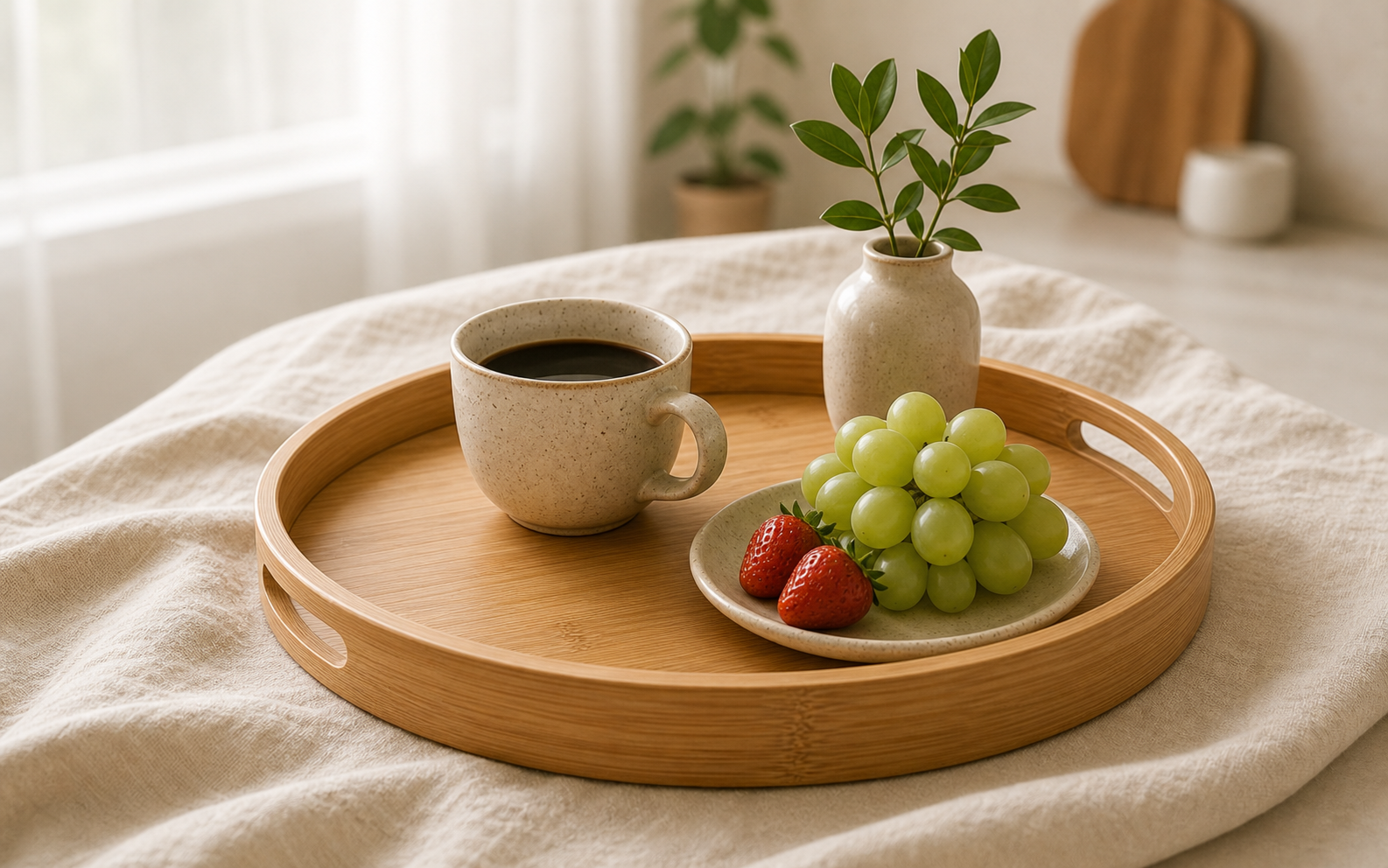 Bandeja redonda de bambu com café, frutas e vaso decorativo