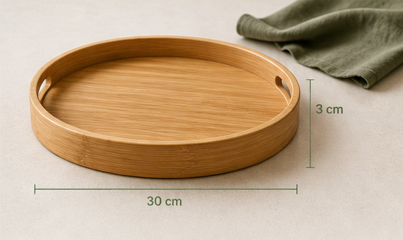 Medidas da bandeja redonda de bambu: 30 cm x 3 cm